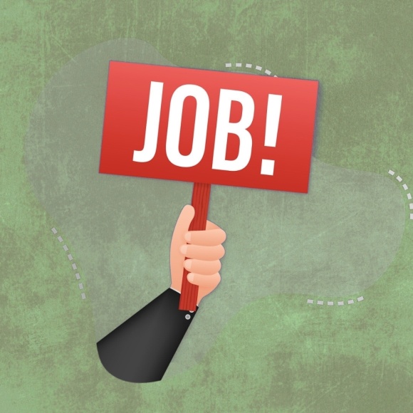 Ein Schild mit der Aufschrift "Job" gehalten in einer Hand; Comic-Stil