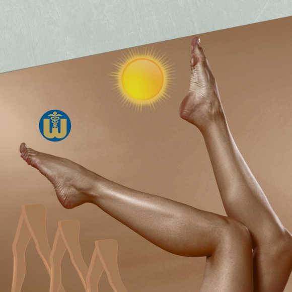 Zwei in die Luft gestreckte Beine unter der Sonne neben dem Wutschka-Logo, mit veranschaulichten Kompressionsstr&uuml;mpfen