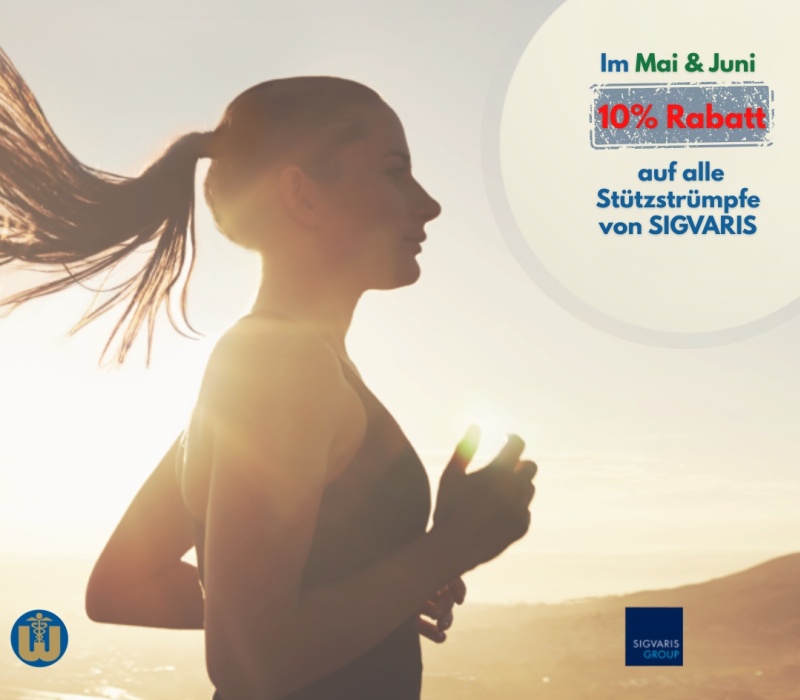 Eine junge Frau joggt zum Sonnenuntergang - ein Sujet f&uuml;r -10% auf Sigvaris Produkte im Mai & Juni 2026