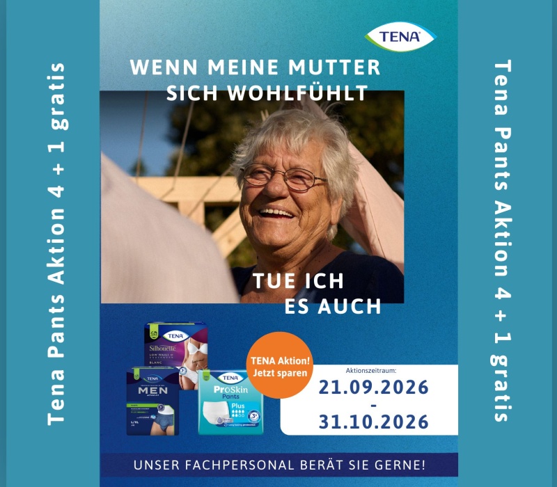Eine &auml;ltere Dame freut sich &uuml;ber die von 21. September bis 31. Oktober 2026 g&uuml;ltige 4 + 1 Aktion auf Tena Pants!