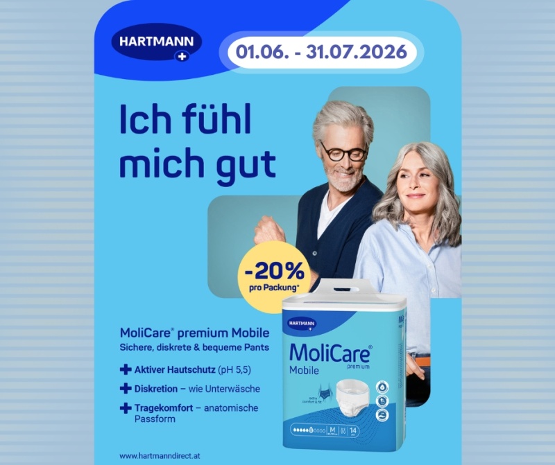 Zwei gut gelaunte Menschen mittleren Alters bewerben eine -20% Aktion auf Molicare Premium Mobile-Produkte.